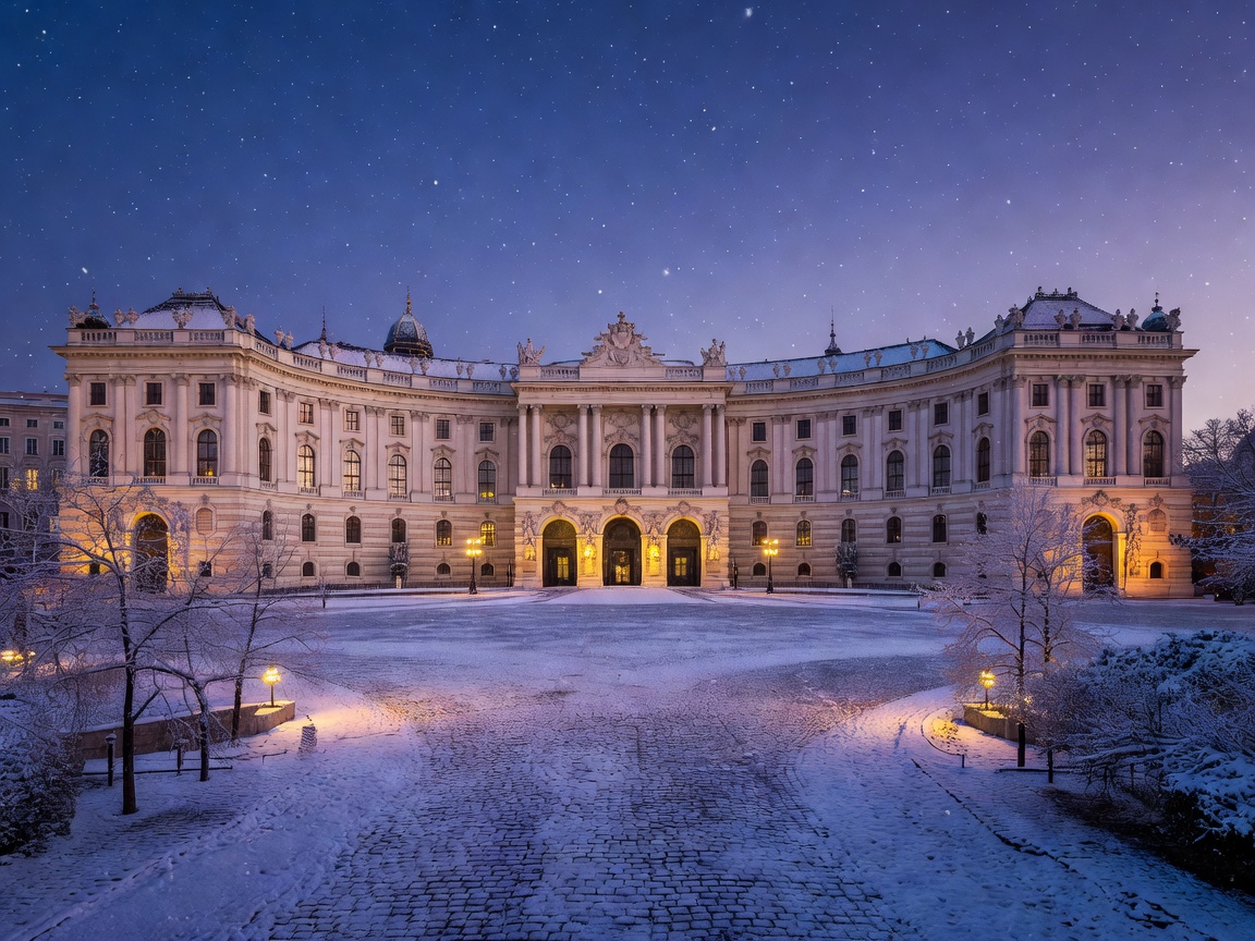 Historic illuminated Hofburg Palace in Vienna Austria during winter evening