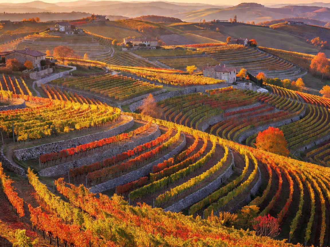 Rolling hills and terraced vineyards in Piedmont Italy in golden autumn light