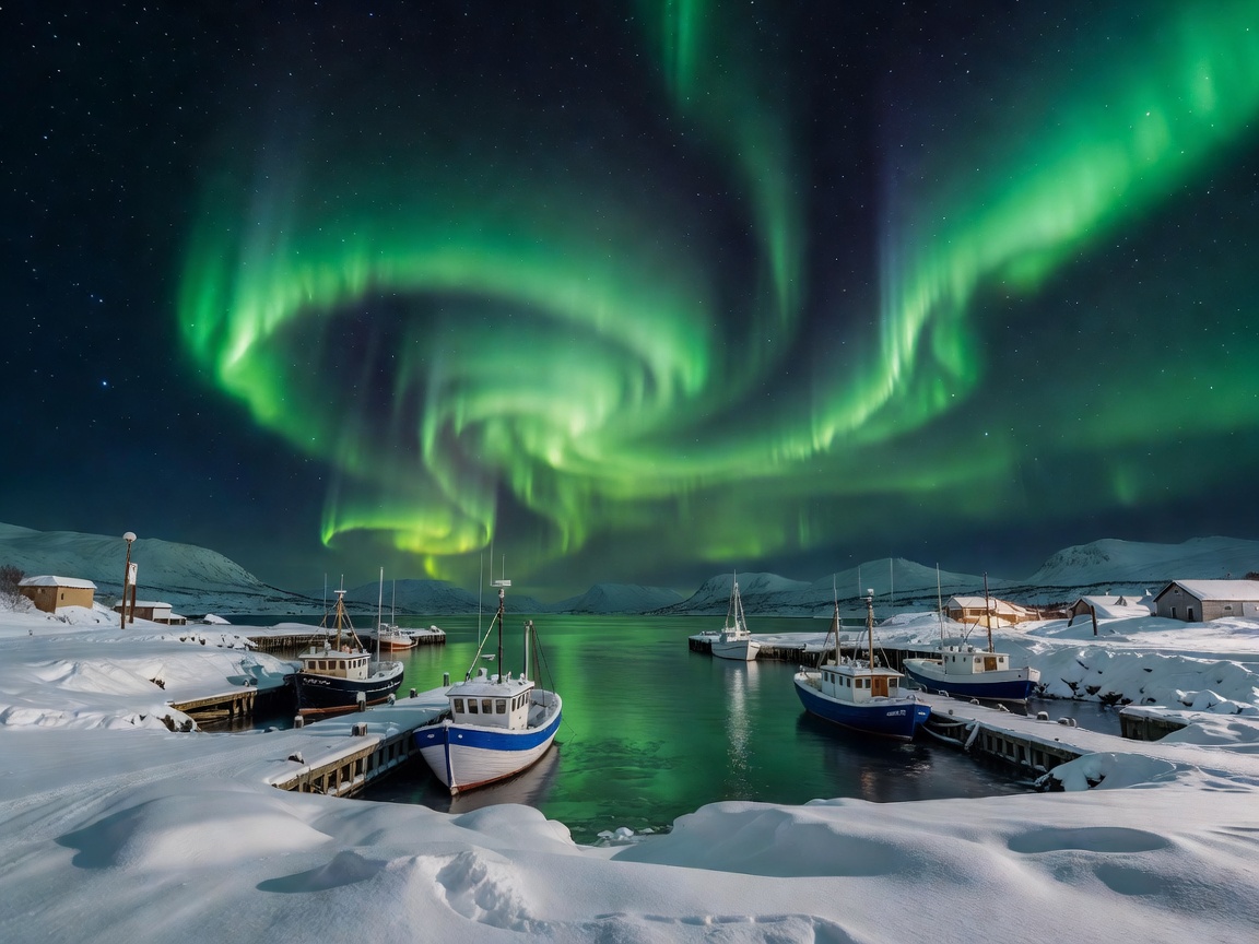 Snow covered harbor in Tromso Norway with green aurora borealis in night sky