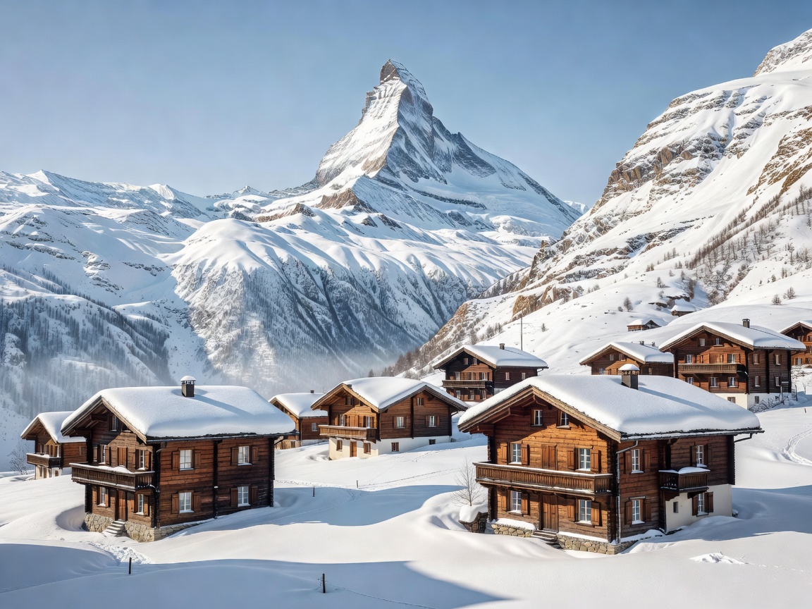 Snowy peak of Matterhorn with traditional wooden chalets in Zermatt Switzerland